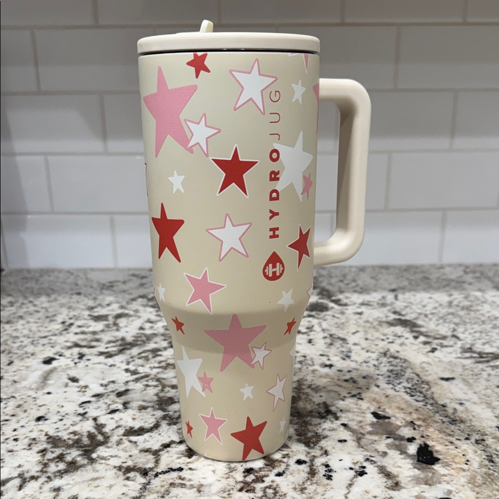 HydroJug Cream Tumbler with Red and Pink Stars